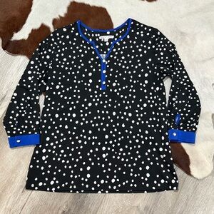 NOTATIONS Black and White Polka Dot Blouse with Blue Accents